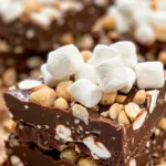 Delicious homemade Rocky Road Fudge topped with marshmallows and nuts