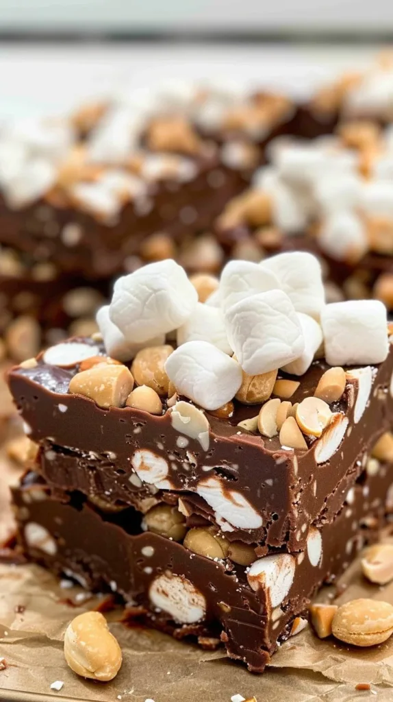 Delicious homemade Rocky Road Fudge topped with marshmallows and nuts