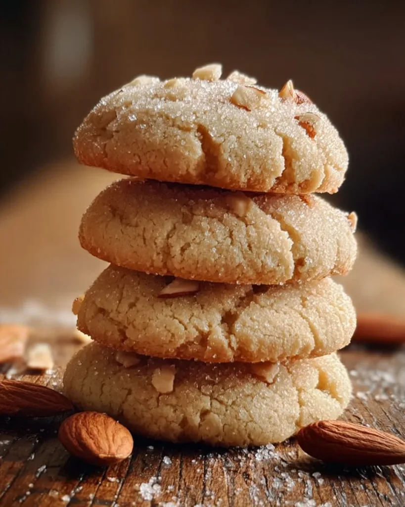 Soft almond cream cookies on a plate with a sprinkle of almonds