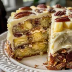 Delicious Southern Creamy Pineapple Pecan Cake with pecans and pineapple slices