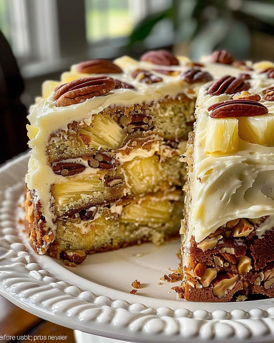 Delicious Southern Creamy Pineapple Pecan Cake with pecans and pineapple slices