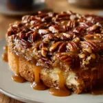 Slice of Southern Pecan Praline Cake with pecans and caramel topping