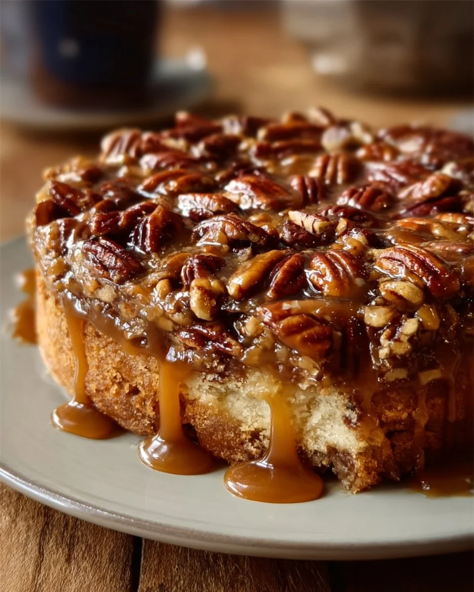 Slice of Southern Pecan Praline Cake with pecans and caramel topping