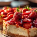 Strawberry cream cheese dump cake with fresh strawberries and cream topping