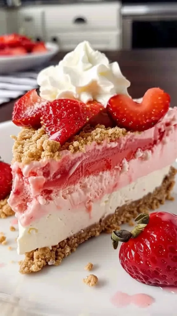A slice of strawberry crunch cheesecake topped with strawberry pieces and a crunchy layer.