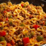 Colorful stuffed pepper pasta skillet with fresh ingredients and spices.