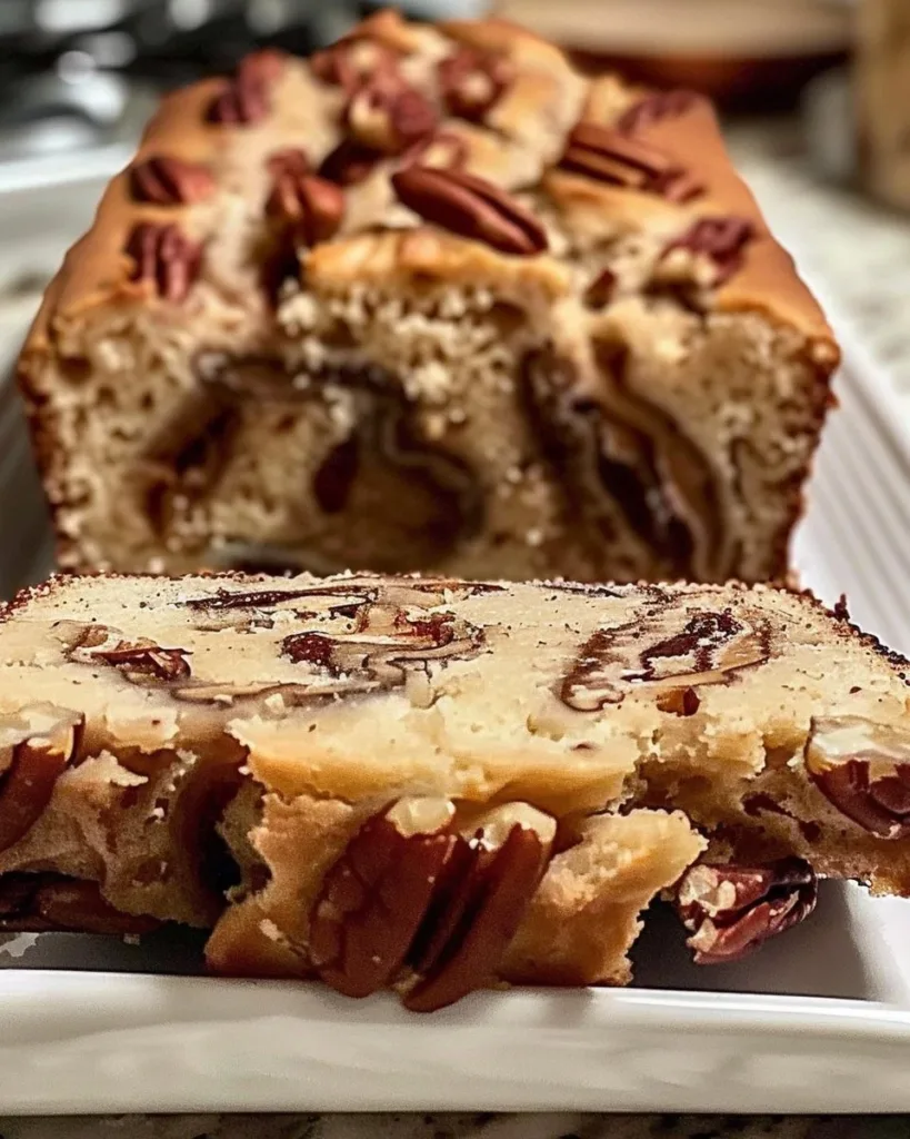 Loaf of Sweet Alabama Pecan Bread with pecans on top