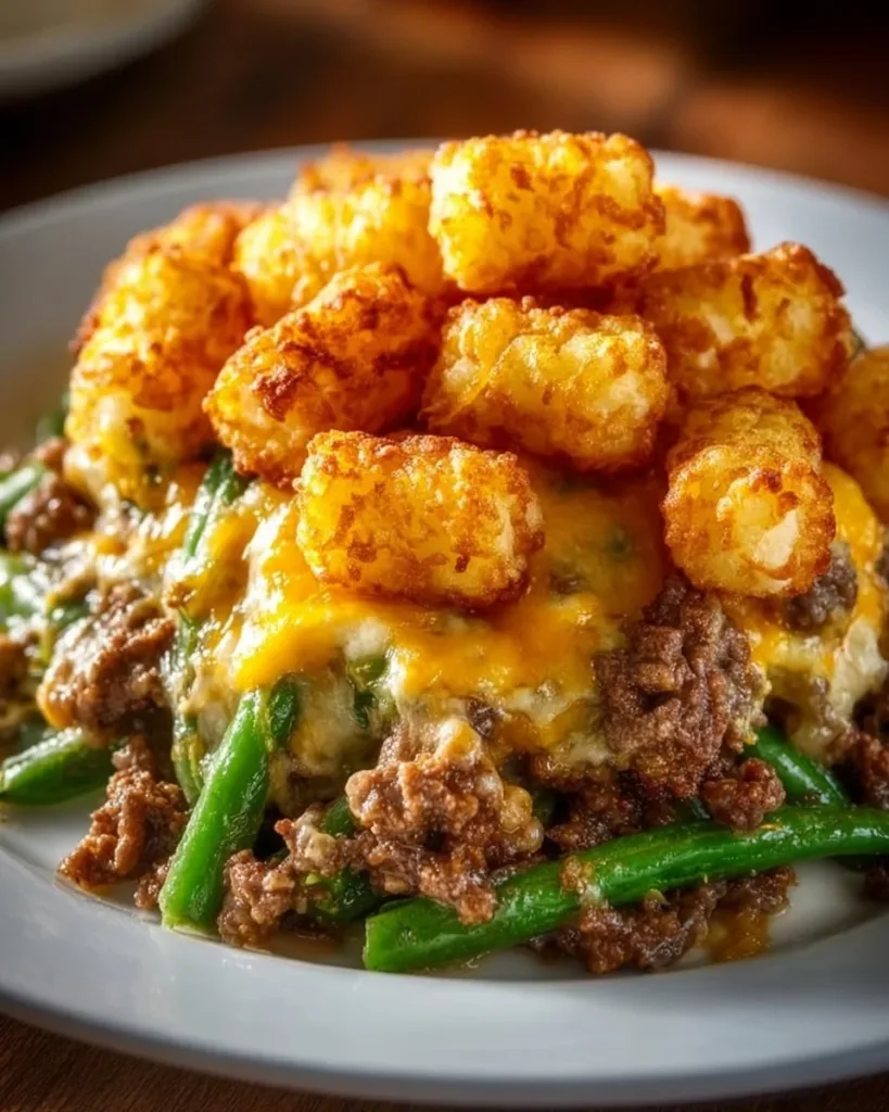 Tater Tot Casserole with hamburger and green beans in a casserole dish
