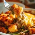 Tater Tot Hamburger Green Bean Casserole served in a dish