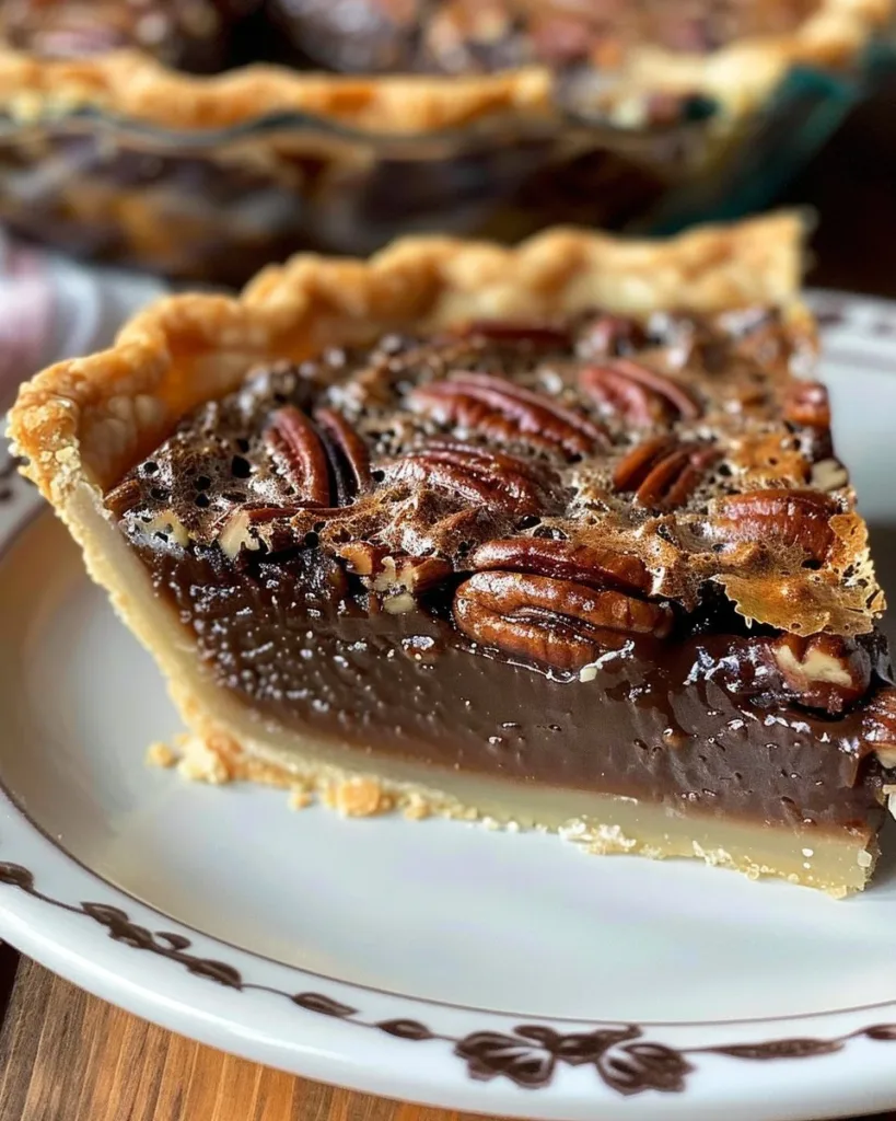Delicious Texas Chocolate Pecan Pie slice with a rich chocolate filling and pecans