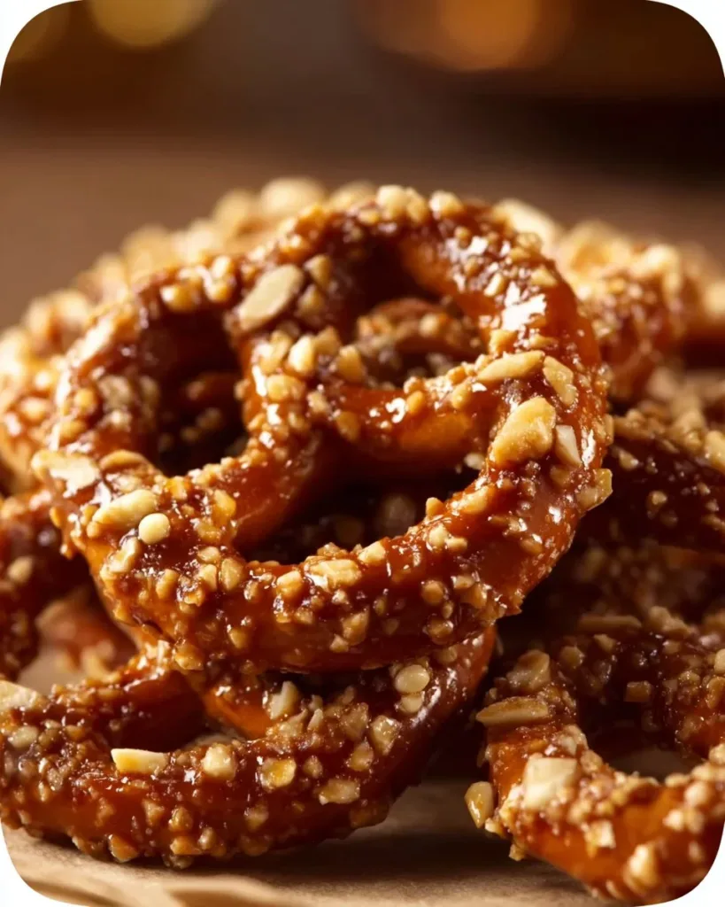 Addictive butter toffee pretzels coated in sweet toffee and crunchy goodness