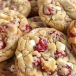 Delicious white chocolate raspberry cookies on a plate, fresh from the oven.