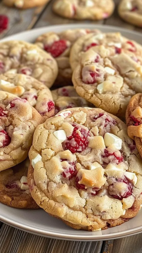 Delicious white chocolate raspberry cookies on a plate, fresh from the oven.
