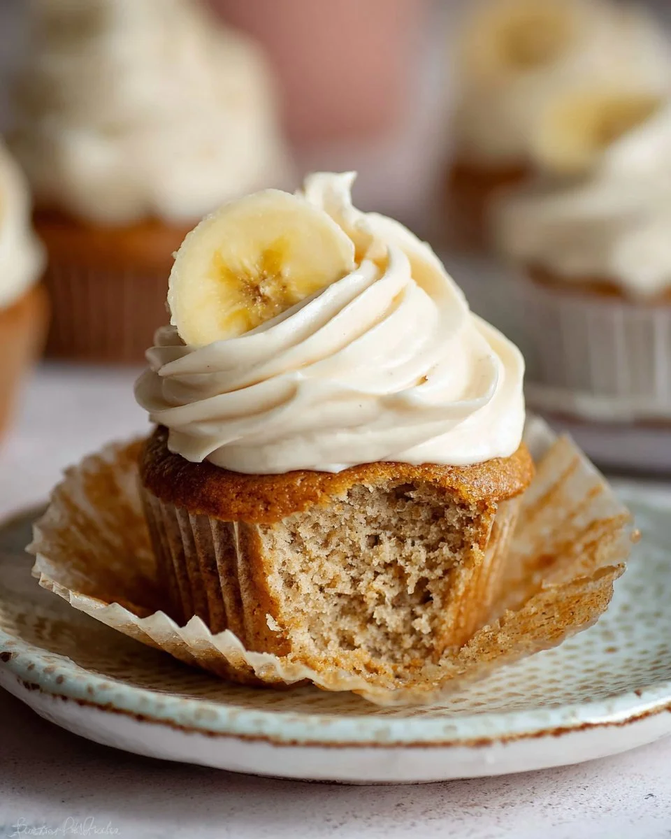Delicious banana cupcakes with cinnamon cream cheese frosting topped with sprinkles