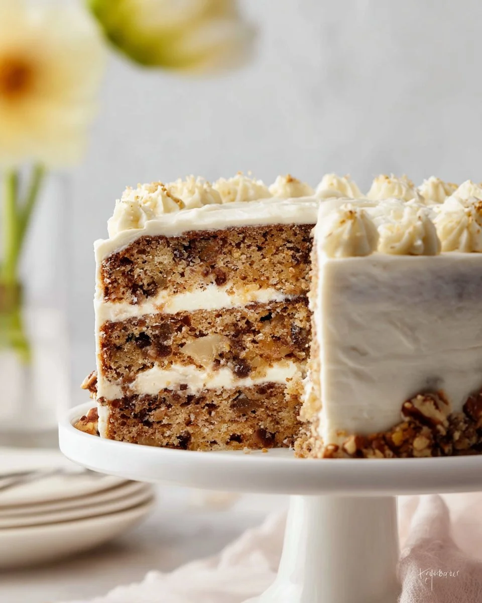 Delicious slice of Banana Pineapple Cake with cream cheese frosting on a plate
