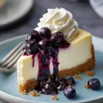 Delicious blueberry cheesecake garnished with fresh blueberries