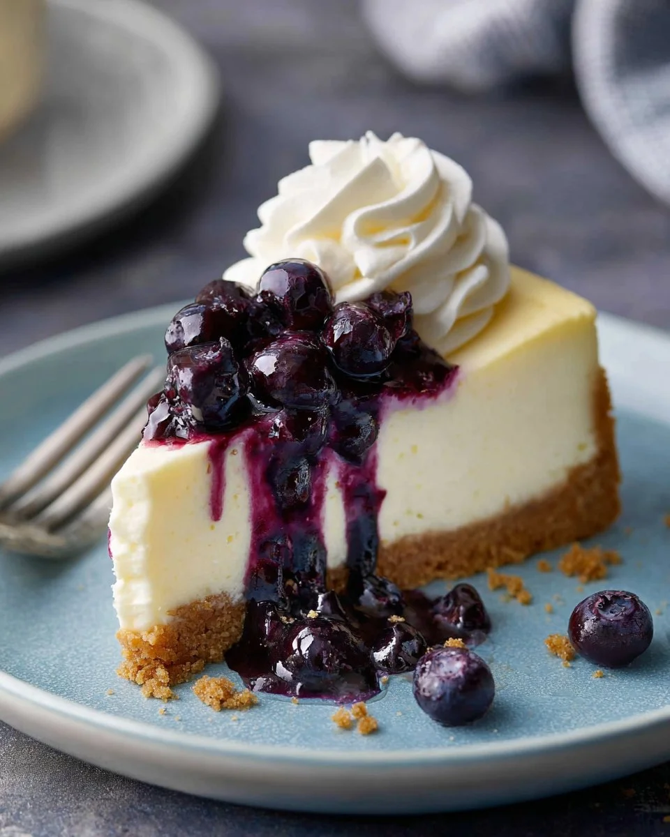 Delicious blueberry cheesecake garnished with fresh blueberries