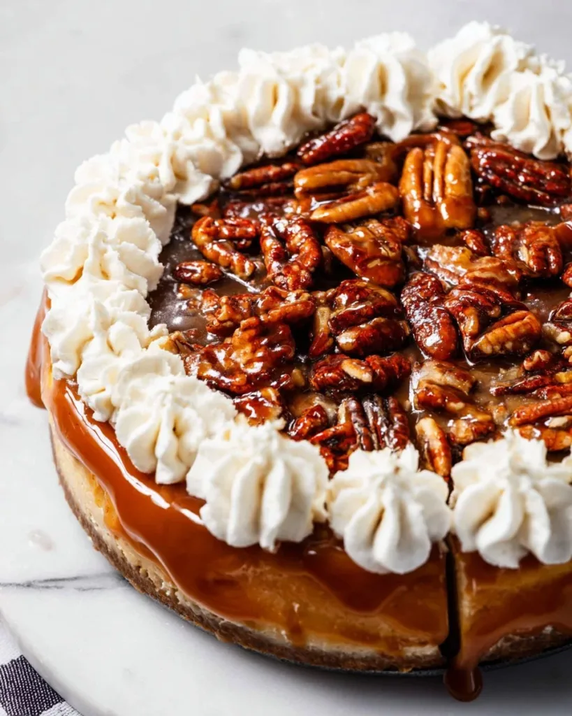 Slice of Brown Sugar Pecan Cheesecake topped with pecans and caramel drizzle