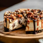Slice of caramel pecan cheesecake topped with caramel sauce and pecans