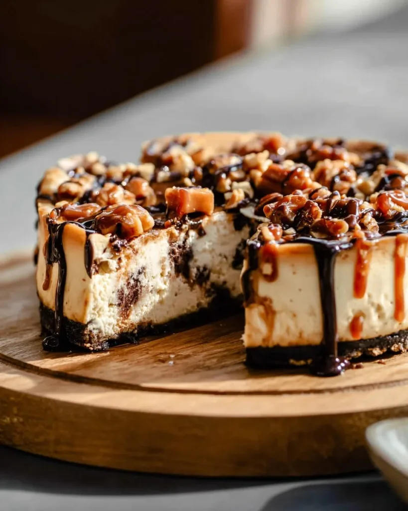 Slice of caramel pecan cheesecake topped with caramel sauce and pecans