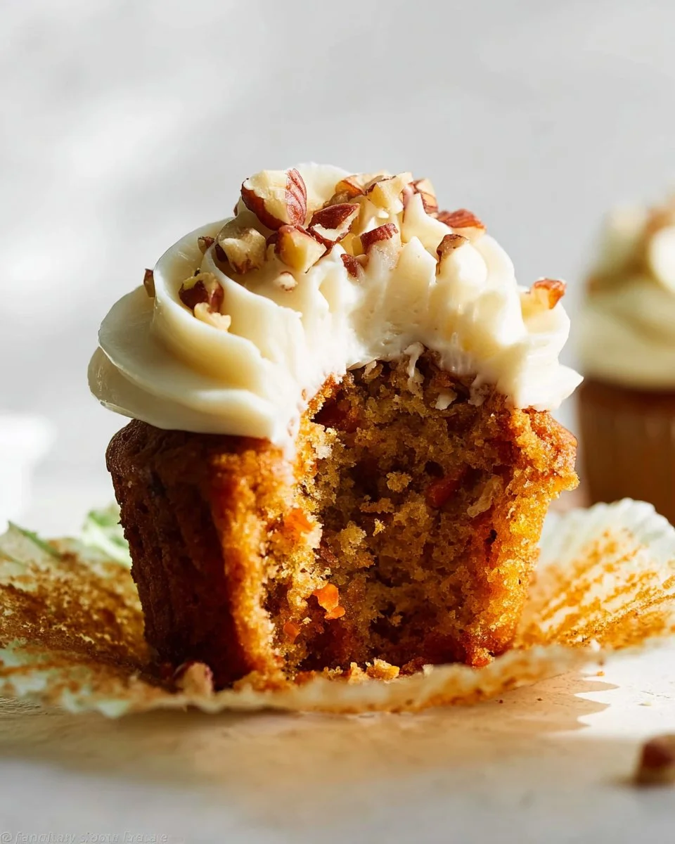 Delicious carrot cake cupcakes with cream cheese frosting on a decorative plate