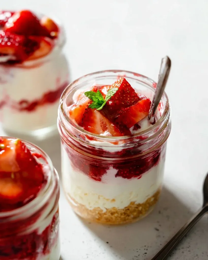 Delectable cheesecake jars filled with creamy goodness and topped with fresh fruit