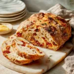 Cheesy pepperoni bread fresh out of the oven, garnished and ready to serve.