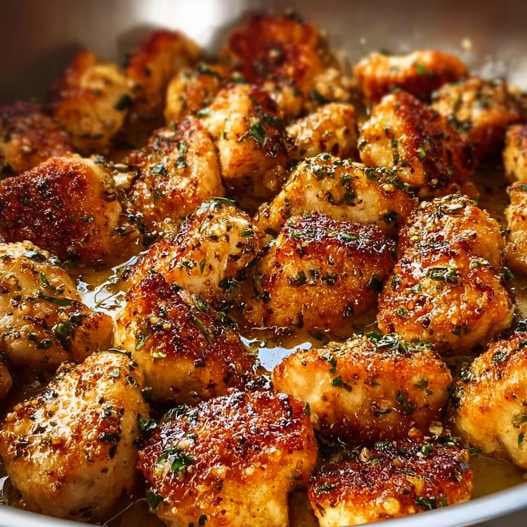 Delicious chicken bites in garlic butter served on a plate