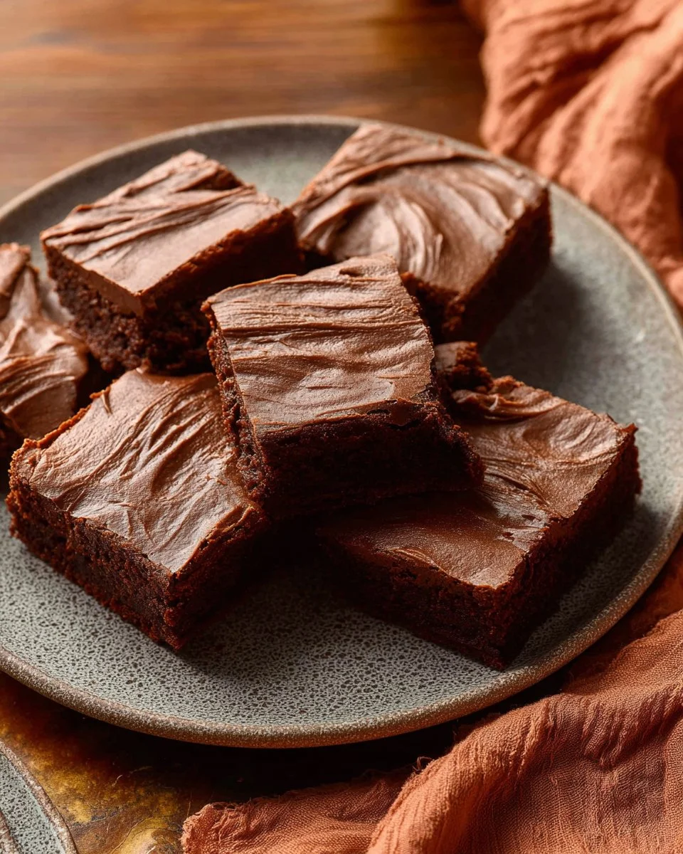 Delicious chocolate brownies with chocolate frosting on a plate