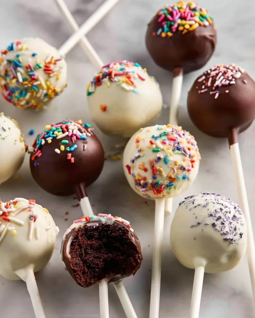 Delicious and colorful chocolate cake pops for a festive dessert display.