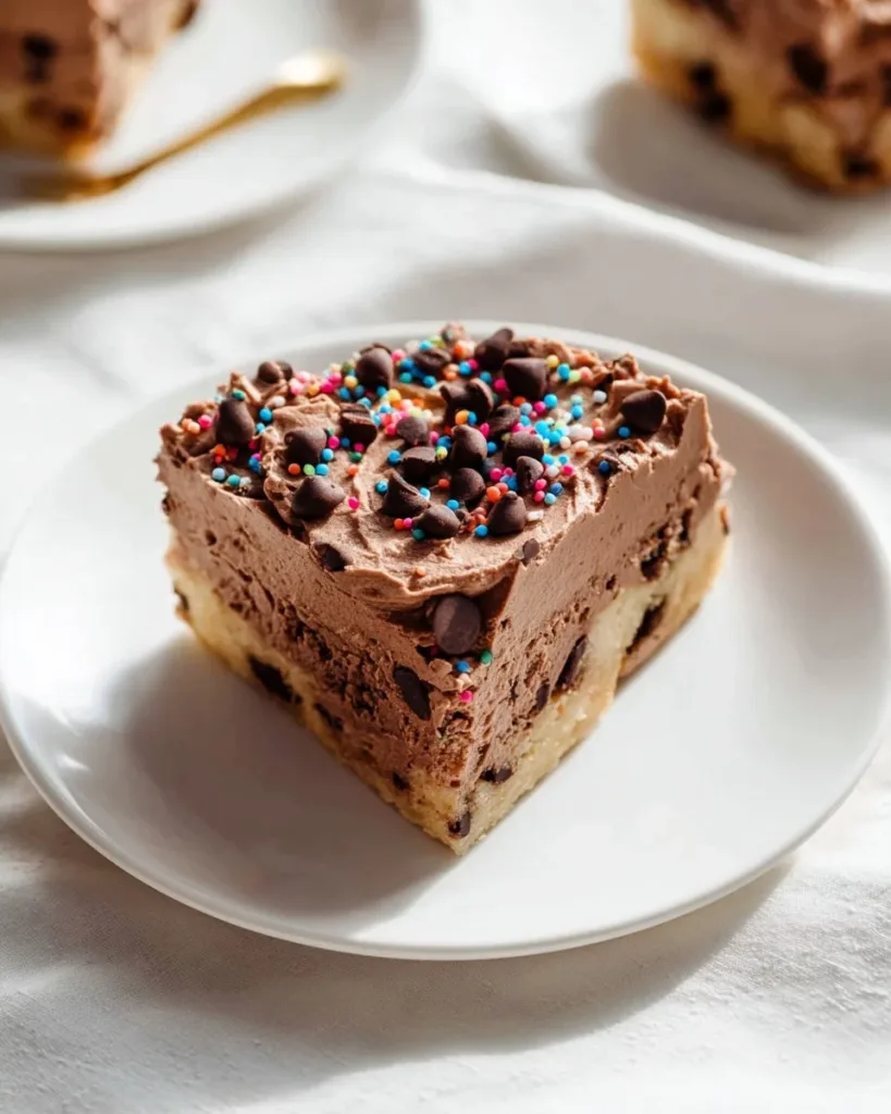 Delicious chocolate chip cookie cake topped with chocolate chips.