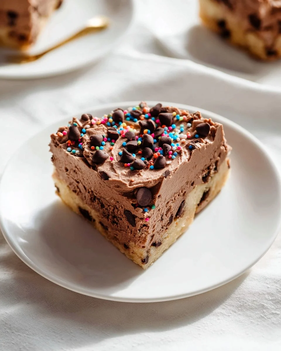 Delicious chocolate chip cookie cake topped with chocolate chips.