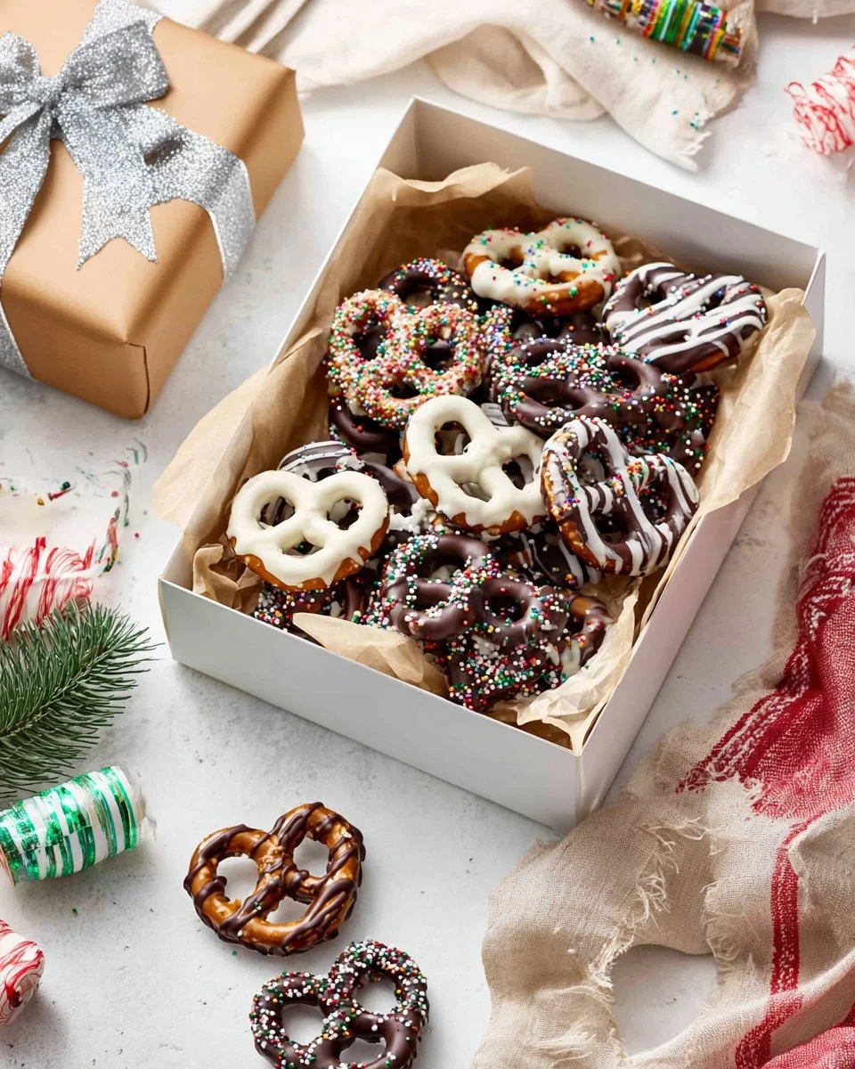 Delicious chocolate-covered pretzels drizzled with white chocolate.