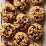Chocolate cranberry walnut cookies fresh out of the oven on a cooling rack.