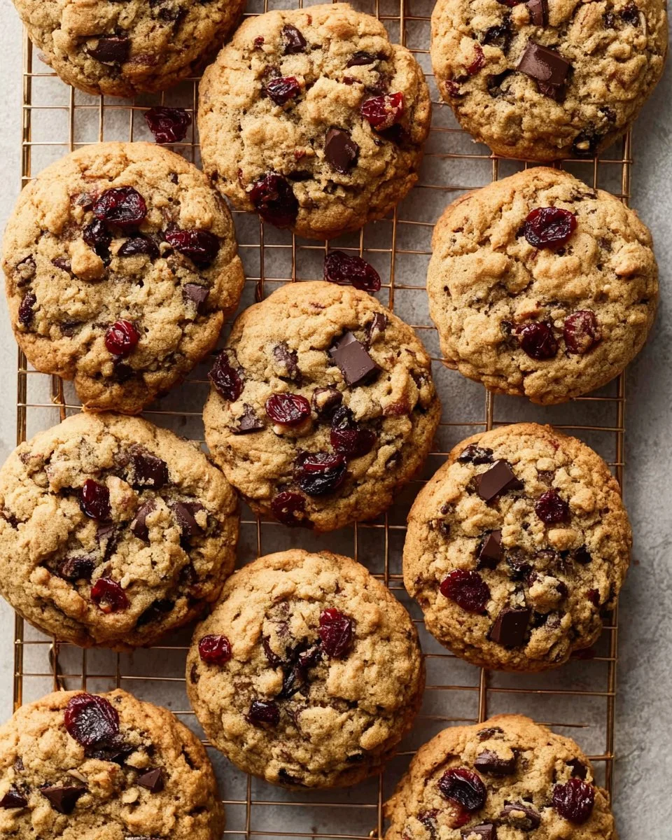 Chocolate cranberry walnut cookies fresh out of the oven on a cooling rack.