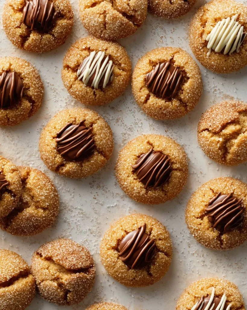 Freshly baked Chocolate Kiss Cookies topped with chocolate kisses on a baking sheet.