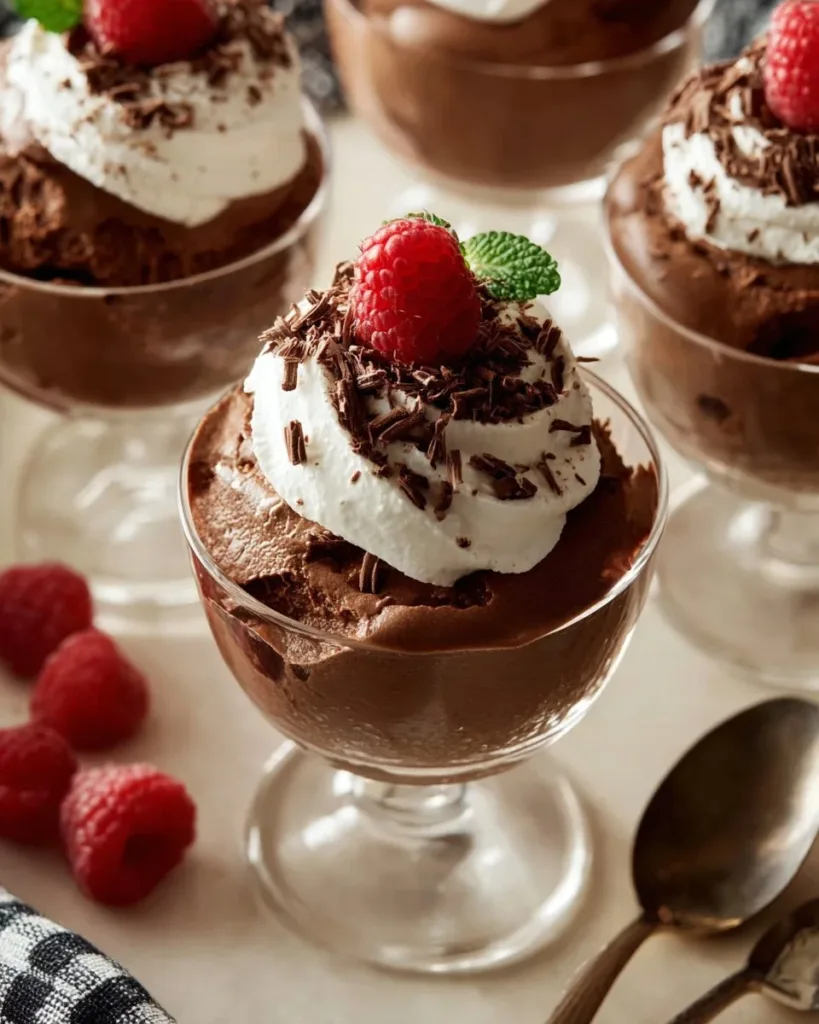 Delicious homemade chocolate mousse served in elegant dessert cups.