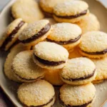 Chocolate orange butter cookies with ganache filling on a plate