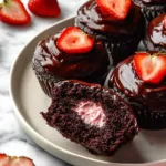 Chocolate strawberry cupcakes topped with fresh strawberries and chocolate frosting.