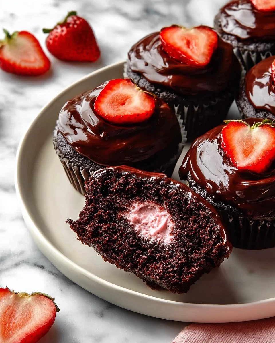 Chocolate strawberry cupcakes topped with fresh strawberries and chocolate frosting.