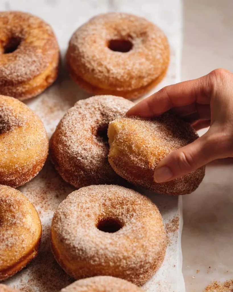 Delicious cinnamon sugar donuts topped with sweet cinnamon sugar coating.