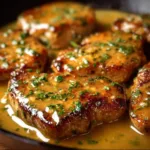 Delicious creamy garlic butter chicken served on a plate with herbs.