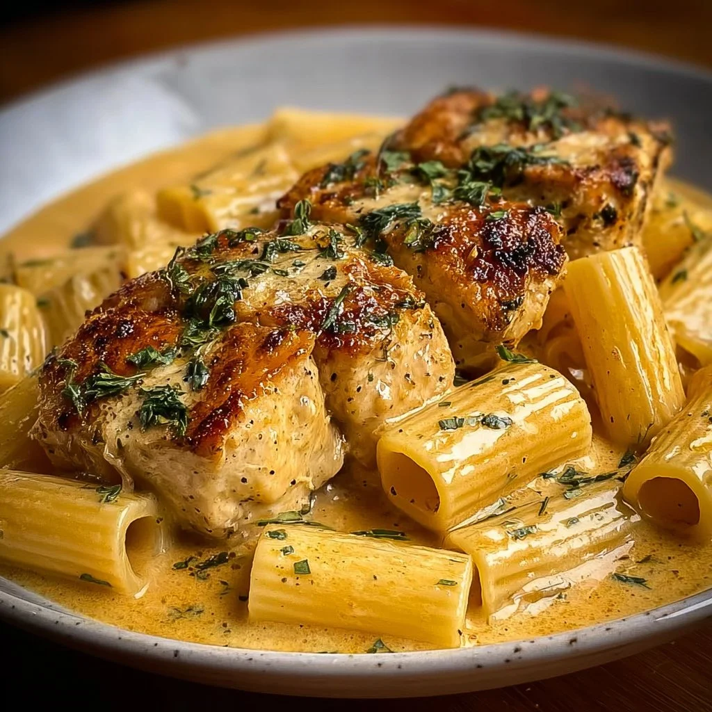 Creamy garlic butter chicken served with rigatoni in parmesan sauce