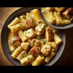 Creamy garlic butter chicken served with rigatoni in Parmesan sauce.
