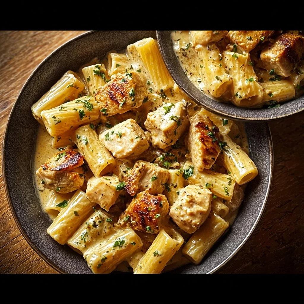 Creamy garlic butter chicken served with rigatoni in Parmesan sauce.