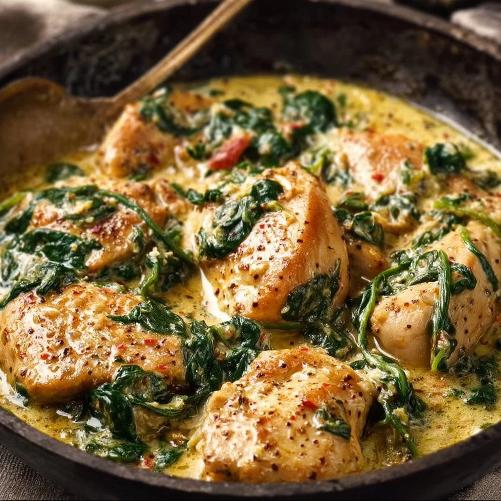 Creamy garlic butter chicken with spinach served in a delicious sauce