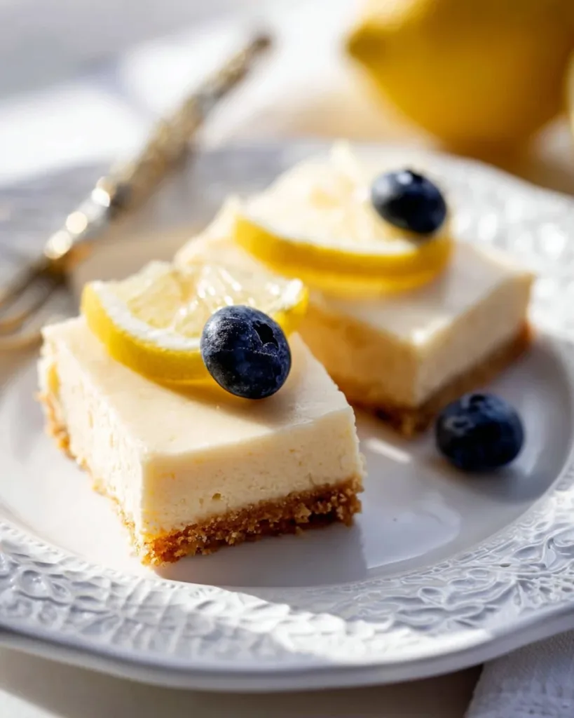 Delicious creamy lemon bars with a rich glaze on a white plate