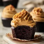 Dark chocolate cupcakes with peanut butter frosting on a decorative plate.