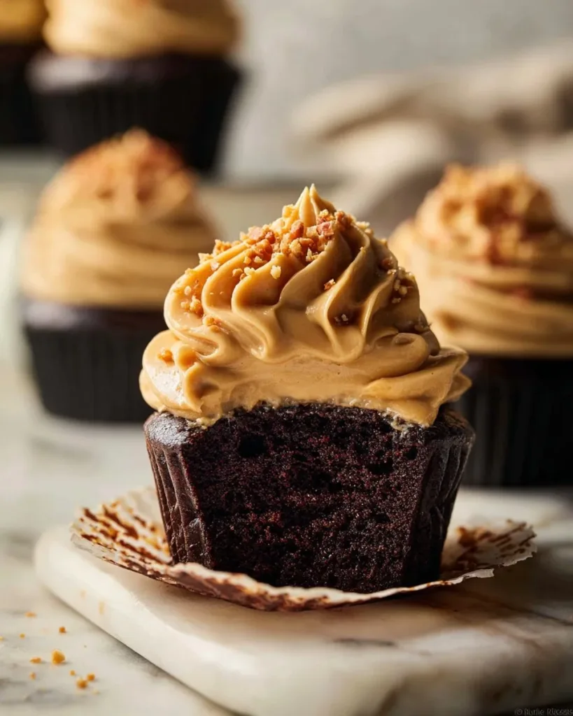 Dark chocolate cupcakes with peanut butter frosting on a decorative plate.