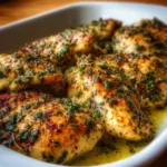Juicy garlic butter baked chicken breast on a plate with herbs